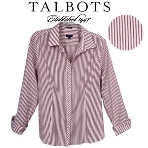 TALBOTS Women Button Down Wrinkle Free Long Sleeve in White & Pink Stripes Sz 16